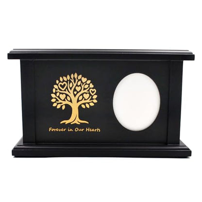 Cremation Urn Adult Human Ashes, Wood Tree of Life Box with Photo Frame | Holds up to 250 lbs, Wooden Urns Box and Casket for Men Women, Black, Dimensions: 10.83"L x 6.89"W x 6.3"H