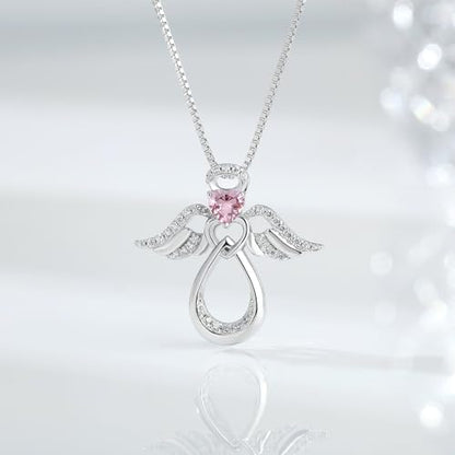 925 Sterling Silver Guardian Angel Pendant Necklace for Women with Birthstone Cubic Zirconia Little Angel Pendant Necklace Jewelry 18 inch Chain - color: 10-Oct-Pink