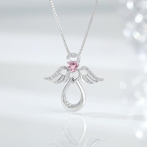 925 Sterling Silver Guardian Angel Pendant Necklace for Women with Birthstone Cubic Zirconia Little Angel Pendant Necklace Jewelry 18 inch Chain - color: 10-Oct-Pink