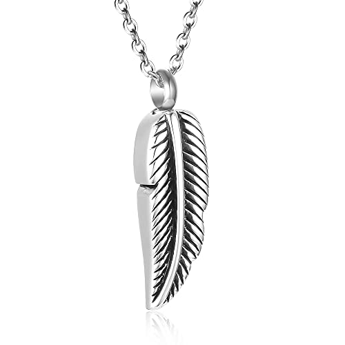 SIYUU Feather Urn Necklace Hold Cremation Ashes Keepsake Memorial Jewelry Stainless Steel Personalized Funeral Jewelry for Women Men - color: Silver