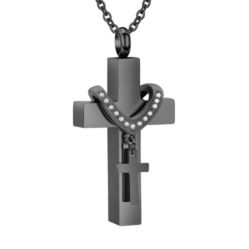 Cremation Jewelry for Ashes Pendant - Cross Urn Necklace with Mini Keepsake Urn Memorial Ashes Jewelry - With Me Always - color: Black