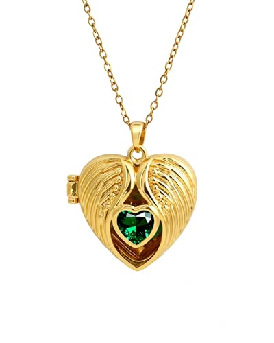 14K Gold Plated Heart Locket Memorial Adjustable Necklace Chain Pendant Emerald Cubic Zirconia Thin Necklace for Women