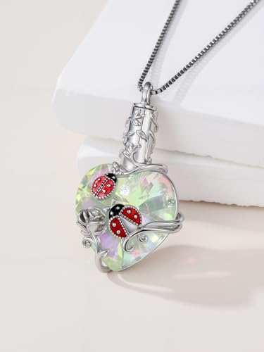 JKR Heart Urn Necklace for Ashes Crystal Keepsake Pendant Memorial Jewelry - style: Ladybug-White Crystal