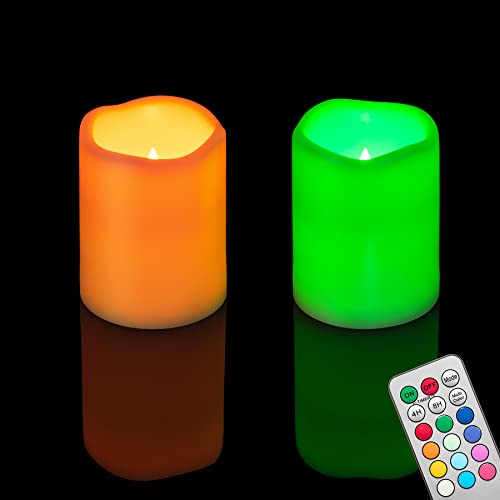 2PCS 4" Multi-Color Flameless LED Pillar Candles with Remote Timer/Battery Operated Electric Flickering Plastic LED Fake Candle for Halloween Pumpkin Light Lantern Christmas Decorations - color: Multi-Color Waterproof Candles (2 PCS, 4")
