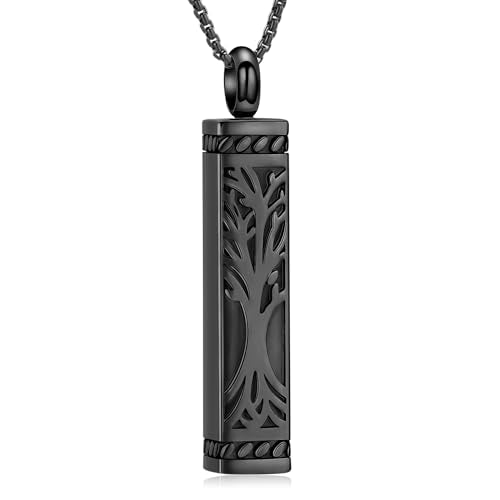 Tree of Life Urn Necklace, Stainless Steel Memorial Ashes Pendant | Tree of Life Cremation Jewelry Stainless Steel Locket Vertical Bar Keepsake Necklace Jewelry for Women Men Human Ashes - color: Black