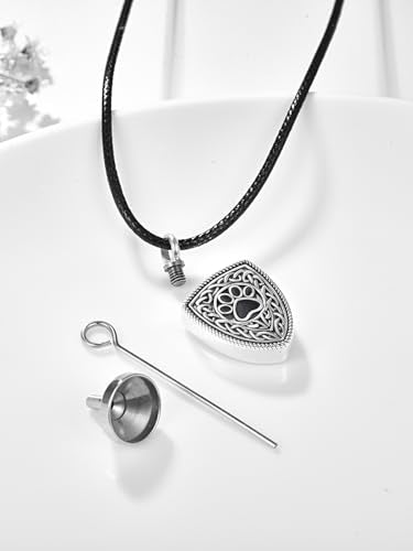 Dreamboat Pet Urn Necklace for Dog Cat Ashes 925 Sterling Silver Paw Print Cremation Keepsake Pendant Celtic Knot Memorial Jewelry Gifts for Women Men - style: 02B-Shield (Silver Personalized)