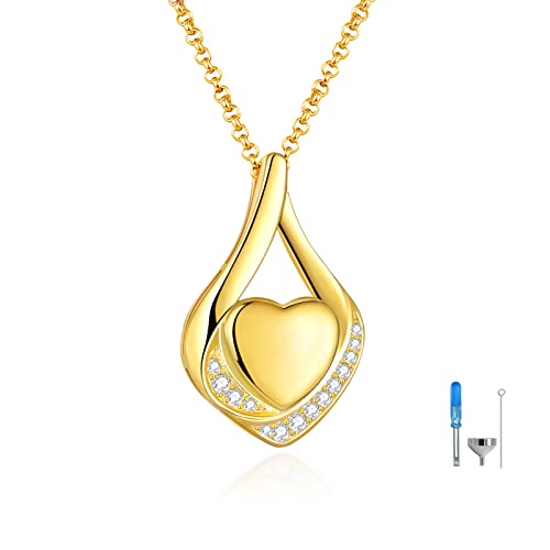 Cremation Jewelry 925 Sterling Silver Teardrop Urn Necklace for Ashes Heart Shape Memorial Keepsake Pendant for Human Ashes for Women Gift - color: I 18K Gold - No Engraved