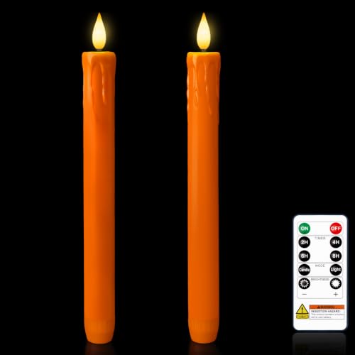 Homemory Orange Flameless Taper Candles with Remote Timer, 9.6 Inch Real Wax Battery Operated Candlesticks, Flickering Warmer Light Led Tapered Candle 2 Pack for Halloween Home Decor - color: Orange