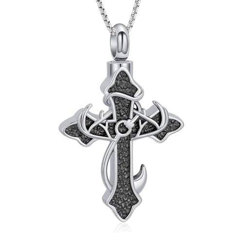 zeqingjw Cross Urn Necklace Fish Hook Cremation Jewelry for Ashes Pendant Stainless Steel Deer Antler Cross Memorial Human Pet Keepsake Ashes Holder for Men Women - color: Z-Silver-B