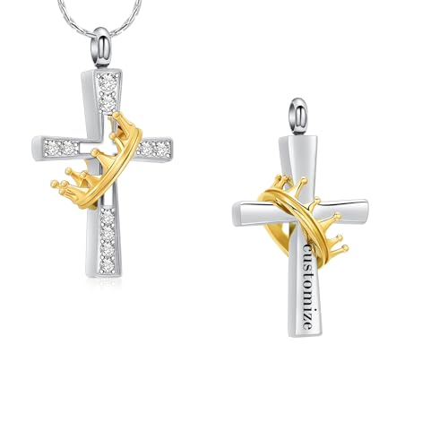 Crown Cross Cremation Necklace Ashes Jewelry Memorial Urn Pendant | stainless steel material, for women men, waterproof sealed ring & lobster clasp keep ashes secure, with a filling tool - color: Customize