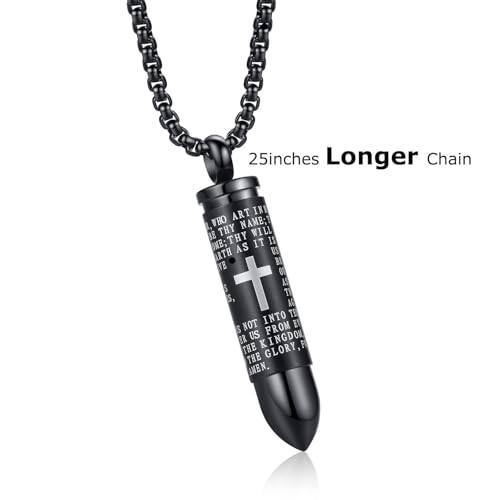 Mens Urn Necklace For Ashes Bullet Shape Cross Cremation Urn Jewelry - color: Black Chain