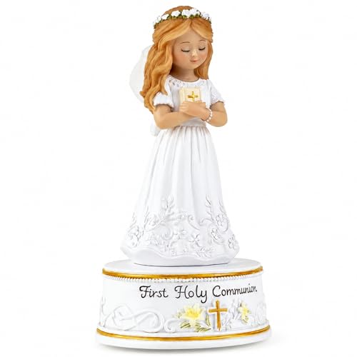 AIDLNS First Holy Communion Gifts for Girls, Plays The Lord's Prayer, Catholic Music Box Keepsake, Hand-Painted Resin White Dress Girl Figurine, Religious Collectible Decor