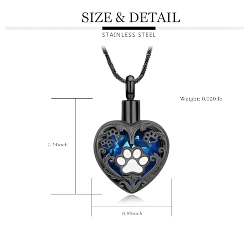 Yinplsmemory Pet Urn Necklace Pendant Jewelry for Dog Cat Memorial Crystal Heart Cremation Jewelry with Paw Print Ashes Keepsake Funeral Jewelry - color: Black-Blue