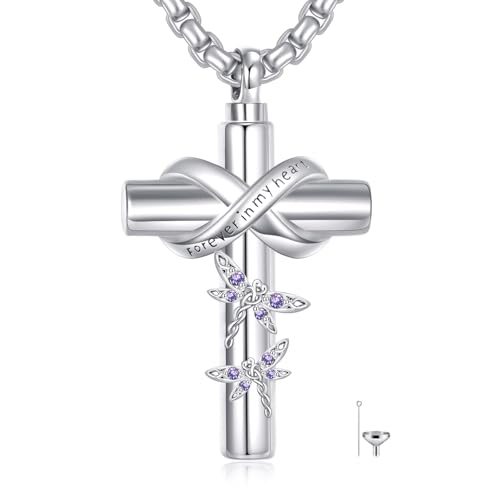 Cross Pet Urn Necklace Sterling Silver Infinity Pet Ashes Pendant - color: Silver-Dragonfly