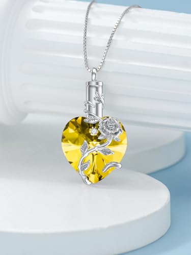 OCJ Heart Rose Flower Urn Necklace for Ashes Women Birthstone Cremation Necklaces Sterling Silver Memorial Cremation Jewelry Gifts - color: 11-Nov-Citrine