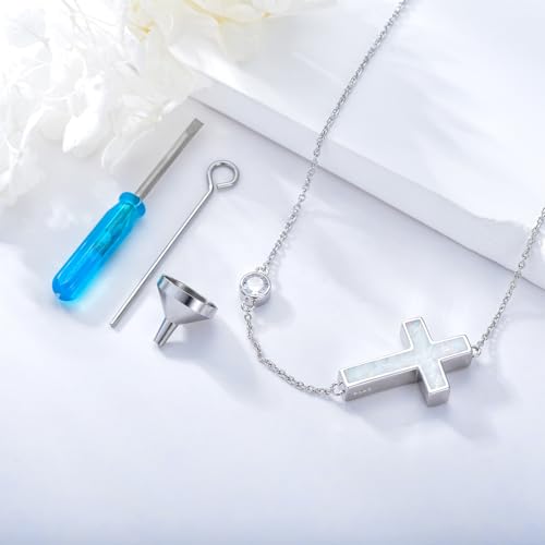 Urn necklace for Ashes 925 Sterling Silver Opal/Turquoise/Moonstone/Moss agate Pendant Cremation Memory Jewelry Keepsake Gifts for Women - style: Opal-cross-cus