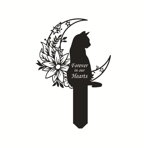 Cat Grave Marker Outdoor Memorial, 12in Metal Pet Memorial Plaque with Garden Moon Cat, Weatherproof Headstone for Yard or Indoor Tribute