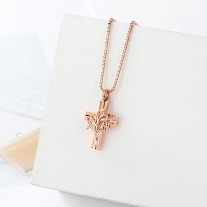 XSMZB Tree of Life Cross Cremation Jewelry for Ashes Human Pet Memorial Ashes Necklace Butterfly Cross Keepsake Pendant for Women - color: Rose Gold