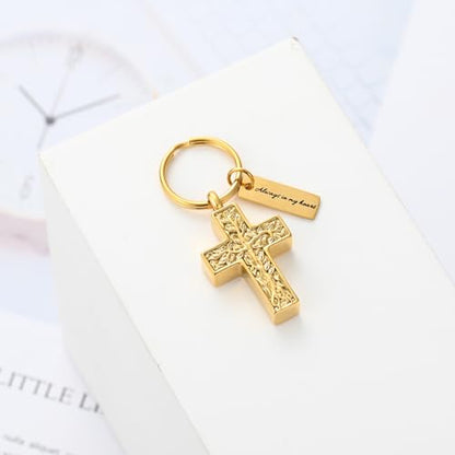 XSMZB Cross Urn Necklace for Ashes for Women Men Tree of Life Cross Cremation Jewelry Keepsake Pendant for Ashes of Loved One - color: Gold Keychain