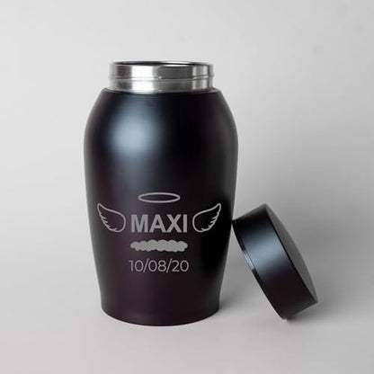 Personalized Cremation Keepsake Pet Ashes Urn Waterproof with Airtight Closure Customized Text Engraving Vase Container Memorial Dog Cat Funeral Decorative (Name w/Angel Wings & Halo)