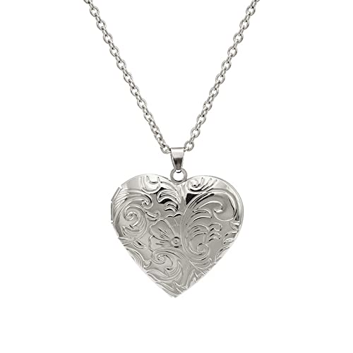 Vintage Engraved Flower Empaistic Photo Locket Hold Picture Oval Round Pendant Necklace Antique Carved Pattern Souvenir Memorial Clavicle Jewelry for Women - color: silver heart