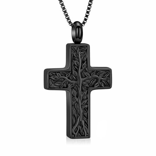 XSMZB Cross Urn Necklace for Ashes for Women Men Tree of Life Cross Cremation Jewelry Keepsake Pendant for Ashes of Loved One - color: Black