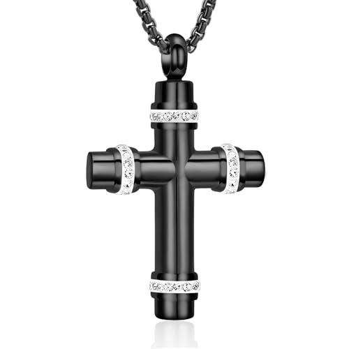 Urn Necklaces for Ashes Cross Cremation Jewelry for Ashes Memorial Ash Pendant with Hollow Keepsake Jewelry Gifts for Loss of Loved One with Funnel Filler Kit - color: A-Black