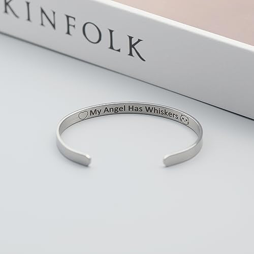 Cat Cuff Bracelet Women Pet Memorial Bangle Cute My Angel has Whiskers Cartoon Engraved Stainless Steel Heart Shape Jewelry Gifts