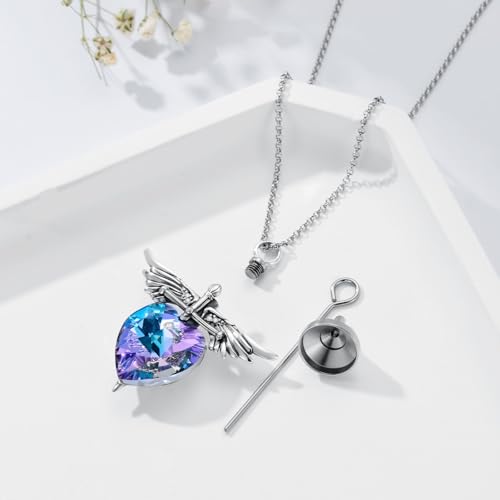 SOULMEET Memorial Wings Necklace for Ashes with Large Heart Crystal Birthstone, Angel Wings Urn Necklaces with Heart Shaped Birthstone Keepsake Silver Cremation Jewelry - style: B-February