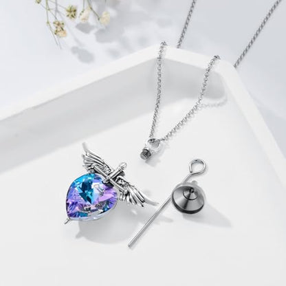 SOULMEET Memorial Wings Necklace for Ashes with Large Heart Crystal Birthstone, Angel Wings Urn Necklaces with Heart Shaped Birthstone Keepsake Silver Cremation Jewelry - style: B-February