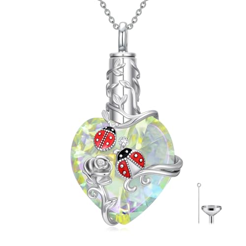 JKR Heart Urn Necklace for Ashes Crystal Keepsake Pendant Memorial Jewelry - style: Ladybug-White Crystal