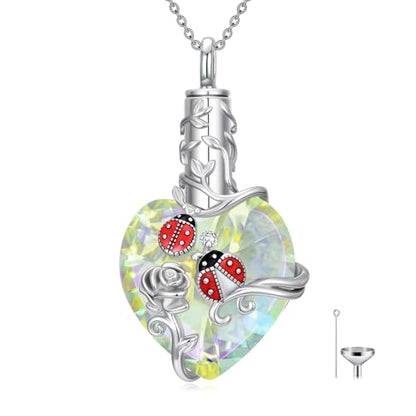 JKR Heart Urn Necklace for Ashes Crystal Keepsake Pendant Memorial Jewelry - style: Ladybug-White Crystal