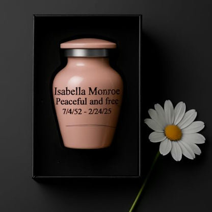 Custom Pink Flower Mini Urn – Personalized Text Only – Small 3" Keepsake Cremation Urn for Human Ashes – Drawn Tulip Design – Velvet Bag, Box & Funnel – Made in USA - color: Customized Pink, size: Small
