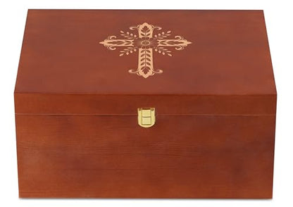 InnoBeta Christian Gifts Keepsake Box with Cross, Wooden Storage Boxes, Decorative Organizer with Lid for New Couples Memory Treasure