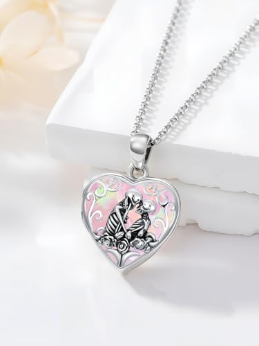 Personalized Heart Locket Necklace That Holds Pictures 925 Sterling Silver Custom Photo Lockets Necklaces Jewelry Gifts for Family Women Lover - color: Skull-Pink opal, style: Locket Only