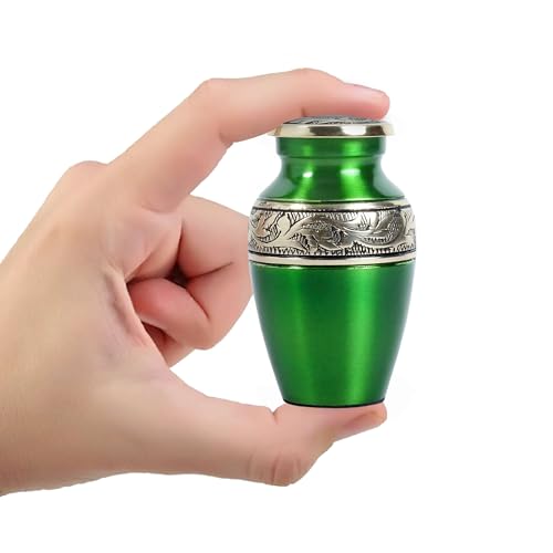Mini Brass Keepsake Urn for Human Ashes – Handcrafted Green Metal Memorial Urn with Silver Engraved Band – 3 Cubic Inch Small Funeral Cremation Urn for Adult or Pet Ashes with Velvet Bag & Gift Box - size: Green
