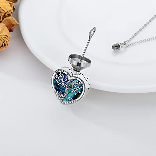 TOUPOP Tree of Life Urn Necklaces for Ashes 925 Sterling Silver Heart Cremation Jewelry Memorial Keepsake Jewelry with Funnel Filler for Women Men - color: A-Heart Tree of Life-Abalone Shell