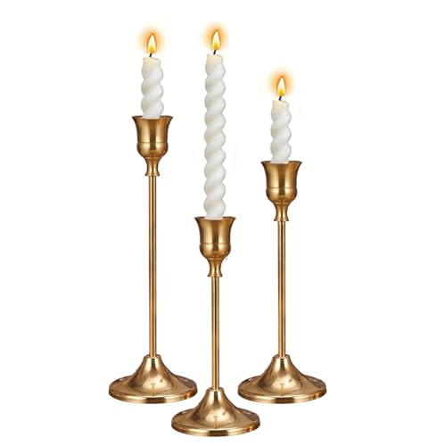 1 Sets Candle Holder Brass Gold Candlestick Holders -Vintage Modern Metal Taper Candle Holders, Decorative Centerpiece for Table Mantel, Wedding Kitchen Home Decor, Wedding Gift,3Pcs - color: Brass Gold, size: 3pcs