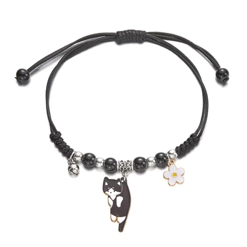 POYAMUSE Lovely Cat and Flower Strand Bracelet - Colorful Beads, Adjustable for Women - color: Cow black