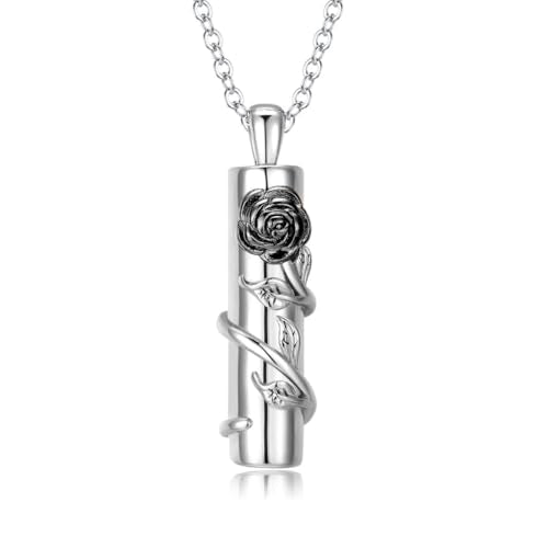 Rose Flower Urn Necklace for Ashes Stainless Steel Cylinder Ash Holder Pendant Cremation Jewelry for Ashes - color: Black