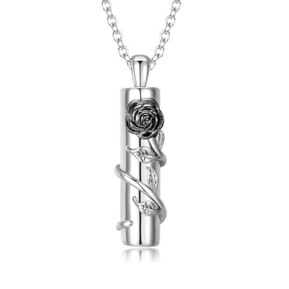 Rose Flower Urn Necklace for Ashes Stainless Steel Cylinder Ash Holder Pendant Cremation Jewelry for Ashes - color: Black