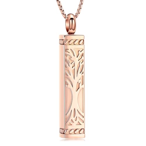 Tree of Life Urn Necklace, Stainless Steel Memorial Ashes Pendant | Tree of Life Cremation Jewelry Stainless Steel Locket Vertical Bar Keepsake Necklace Jewelry for Women Men Human Ashes - color: Rosegold