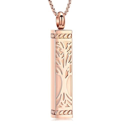 Tree of Life Urn Necklace, Stainless Steel Memorial Ashes Pendant | Tree of Life Cremation Jewelry Stainless Steel Locket Vertical Bar Keepsake Necklace Jewelry for Women Men Human Ashes - color: Rosegold