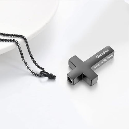 Cross Urn Necklace for Ashes for Men Women Cremation Jewelry Urns Locket Pendant Ashes Holder Memorial Jewelry-Always in My Heart - color: Black Grandpa