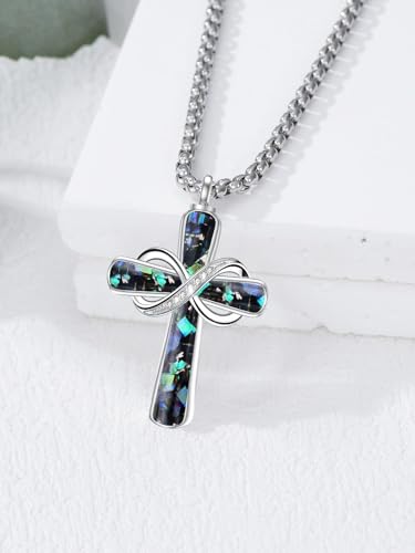 Turquoise Cross Urn Necklaces for Human Ashes 925 Sterling Silver Urn Necklaces Cremation Keepsake Memorial Pendant Necklace for Ashes for Loved One Human Pet - style: Infinity-Abalone Shell-Text&photo
