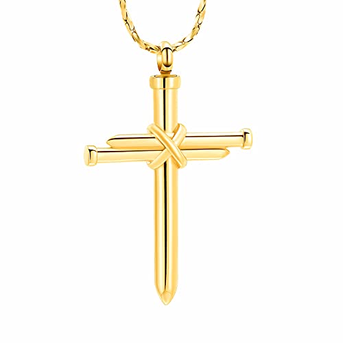 Imrsanl Cremation Jewelry Nail Cross Urn Necklace Pendant | For Humen Pet Ashes, Religious Cross Keepsake, Memorial Loved Ones Ash Holder, For Men Women - color: Gold