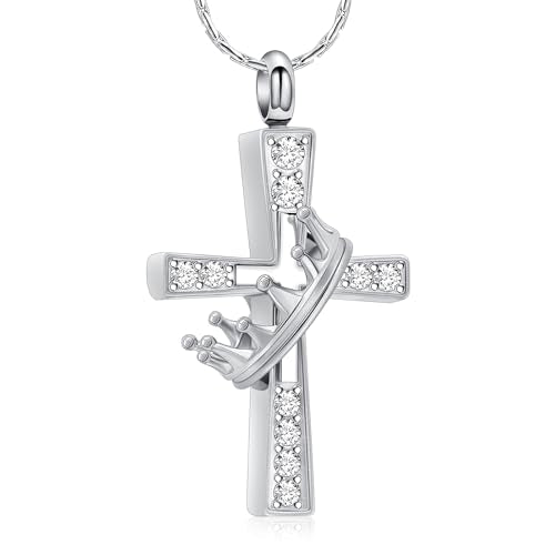 Crown Cross Cremation Necklace Ashes Jewelry Memorial Urn Pendant | stainless steel material, for women men, waterproof sealed ring & lobster clasp keep ashes secure, with a filling tool - color: Silver
