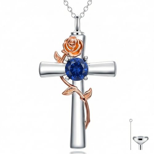 YYB Rose Flower Urn Necklaces Cross Birthstone Cremation Jewelry for Ashes Memorial Keepsake Funeral Pendant for Women - color: 09-Sep-Sapphire