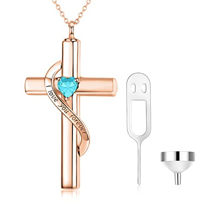 SOULMEET Personalize Solid 10k 14k 18k Real Gold Birthstone Cross Locket for Ashes, Simulated Gemstone Cross Urn Necklaces with Gold Chain Keepsake Cremation Jewelry - style: C-Rose Gold March