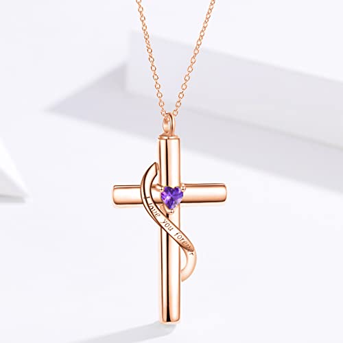 SOULMEET Personalize Solid 10k 14k 18k Real Gold Birthstone Cross Locket for Ashes, Simulated Gemstone Cross Urn Necklaces with Gold Chain Keepsake Cremation Jewelry - style: B-Custom Rose Gold February